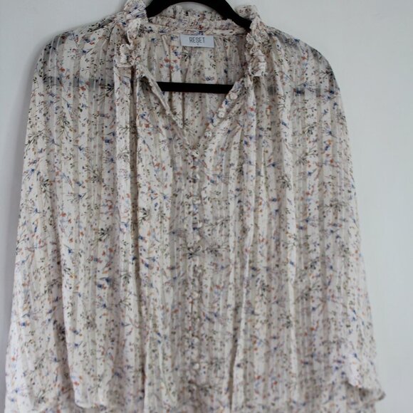RESET White Multicolored Floral Long Sleeve Neck-Tie Wrap Blouse Size Small - Picture 1 of 8